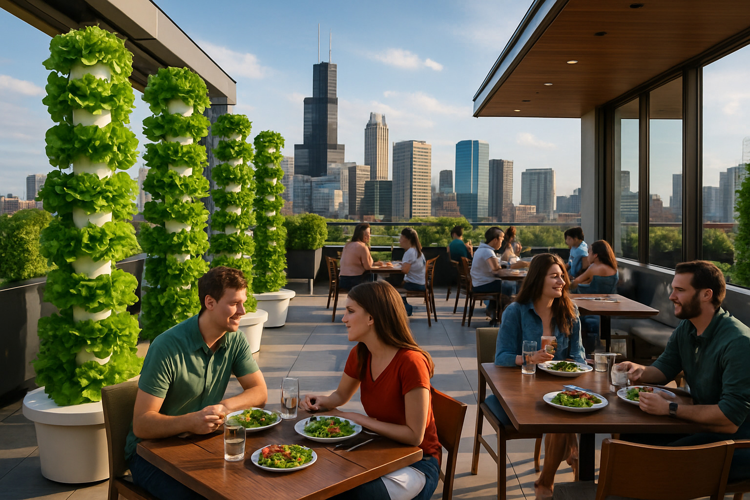 rooftop garden restaurant with vertical farming systems - sustainable food tourism