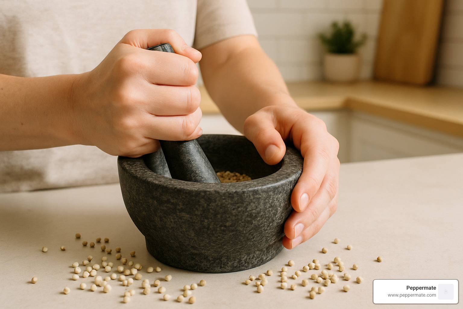 hand grinding white peppercorns with mortar and pestle - how to grind white peppercorn