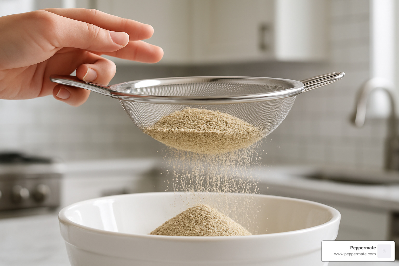 sifting ground white pepper through fine mesh - how to grind white peppercorn