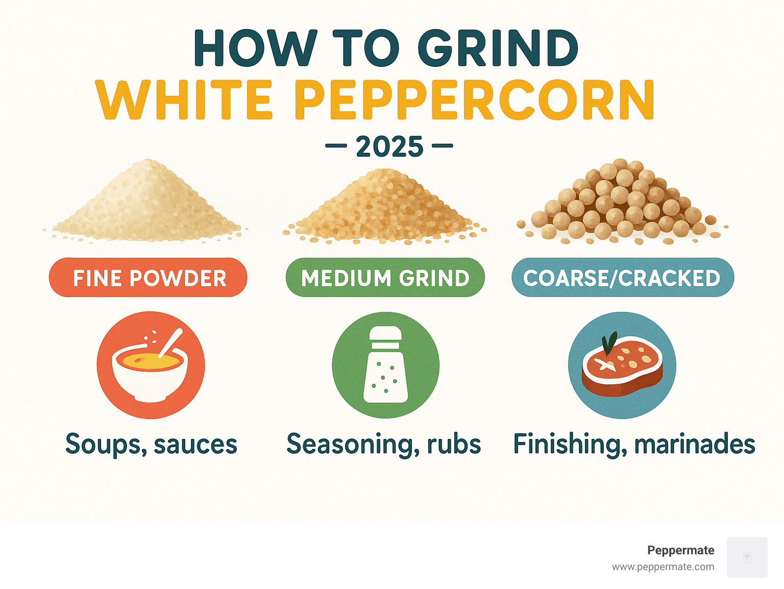 Infographic showing grind size comparison from fine powder to coarse crack, with corresponding dish recommendations: fine powder for soups and sauces, medium grind for general seasoning and rubs, coarse crack for finishing and marinades - how to grind white peppercorn infographic 