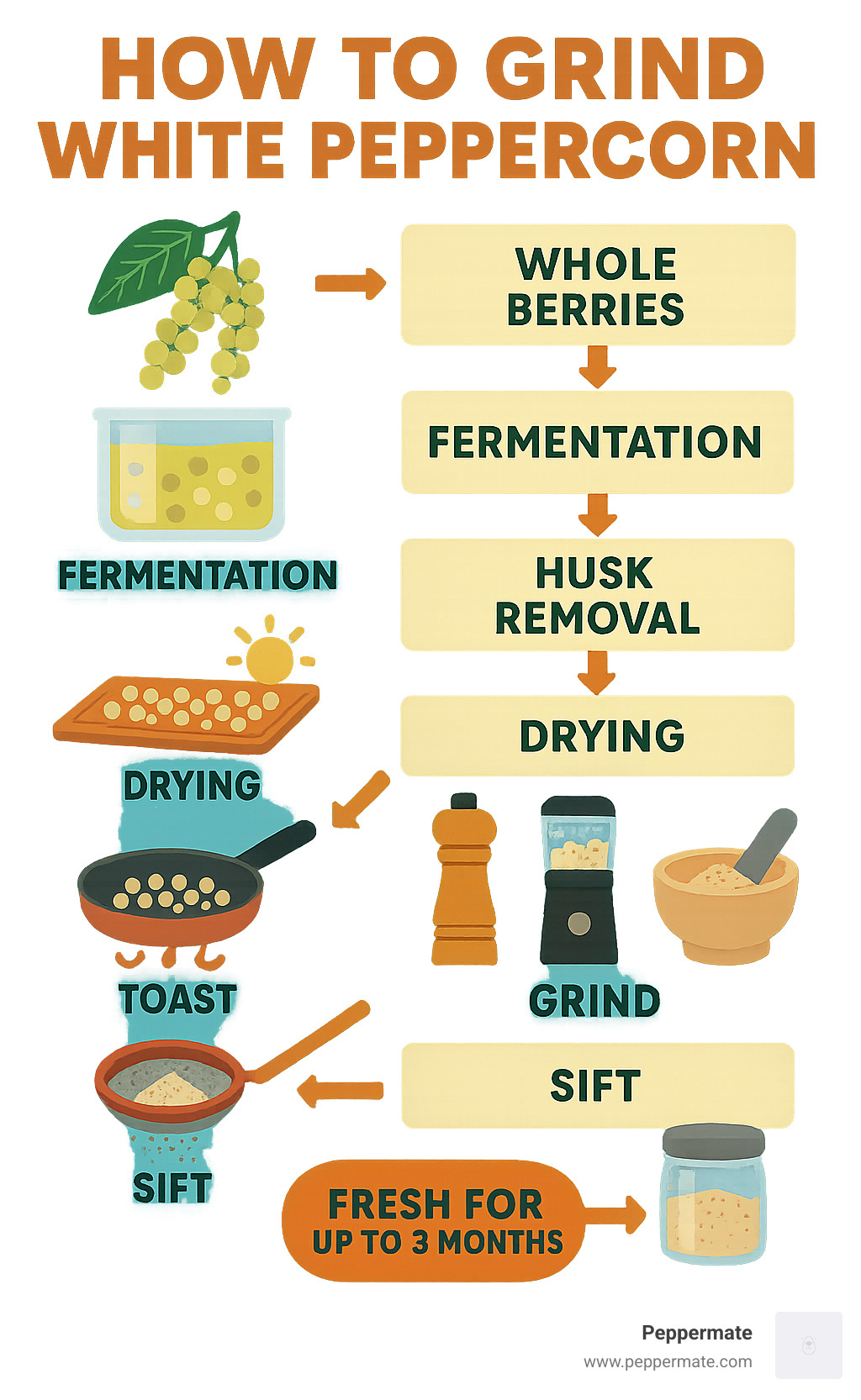Infographic showing white peppercorn processing from whole berries through fermentation, husk removal, drying, toasting, grinding with different tools (pepper mill, spice grinder, mortar and pestle), sifting through mesh, and final storage in airtight containers with timeline showing 3-month freshness window - how to grind white peppercorn infographic 