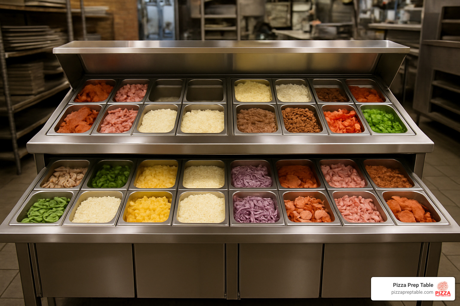 dual-tier pizza prep station showing upper and lower rail configuration with maximum pan capacity - pizza topping prep station