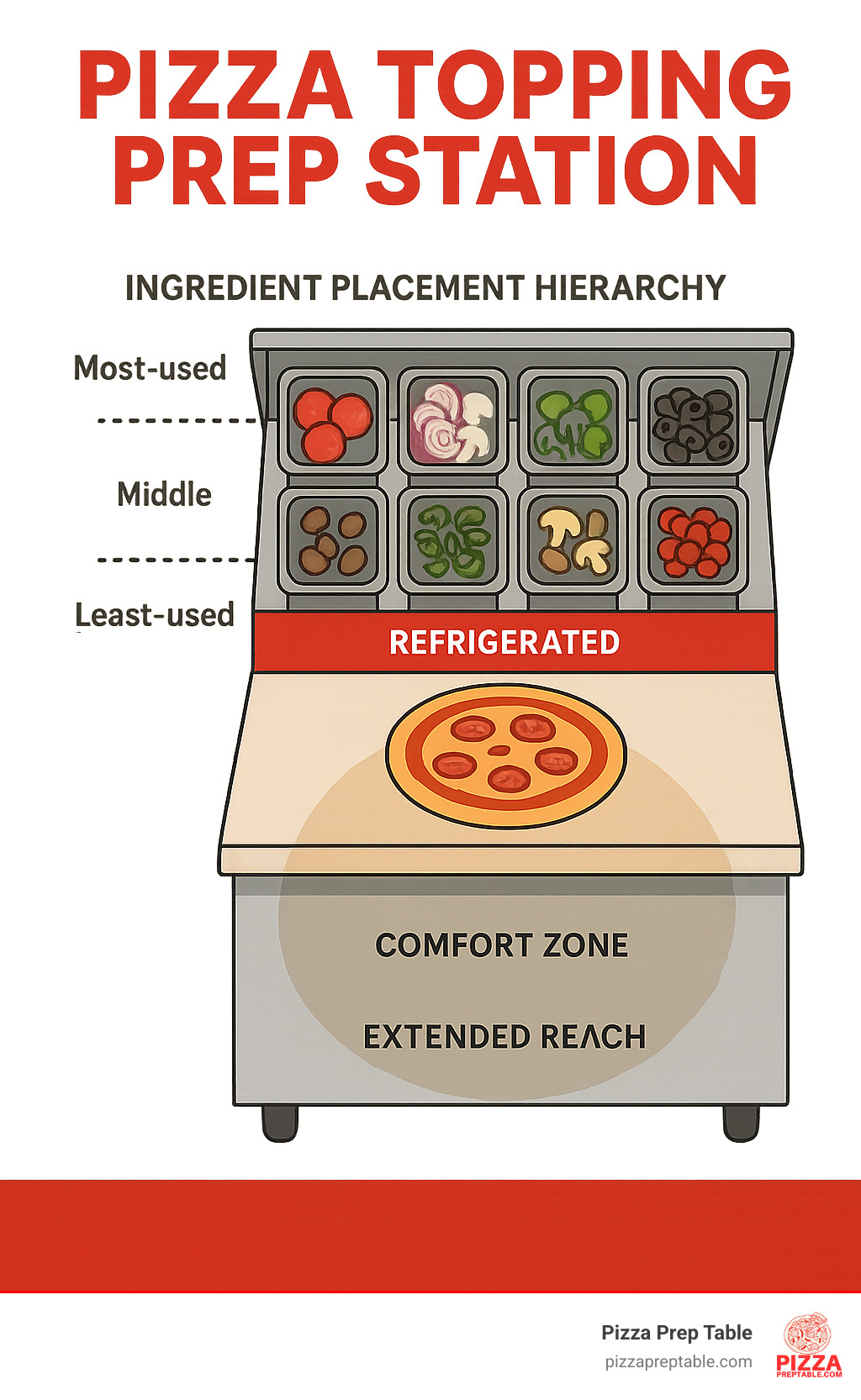 Infographic showing optimal topping layout with temperature zones, ingredient placement hierarchy from most-used to least-used items, and ergonomic reach patterns for efficient pizza assembly - pizza topping prep station infographic 