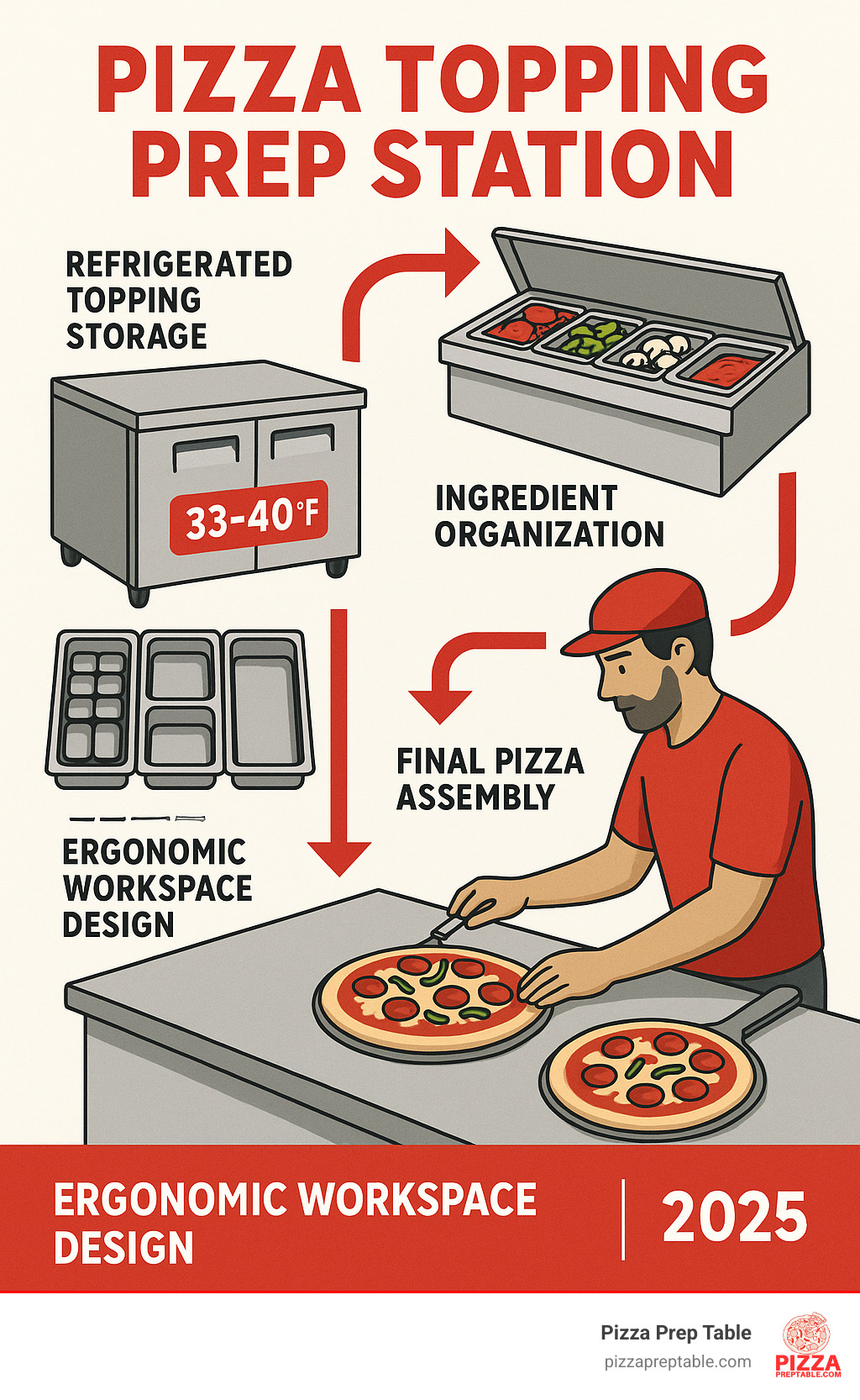 Infographic showing pizza prep workflow from refrigerated topping storage through ingredient organization to final pizza assembly, highlighting temperature control zones, pan configurations, and ergonomic workspace design for maximum efficiency - pizza topping prep station infographic 
