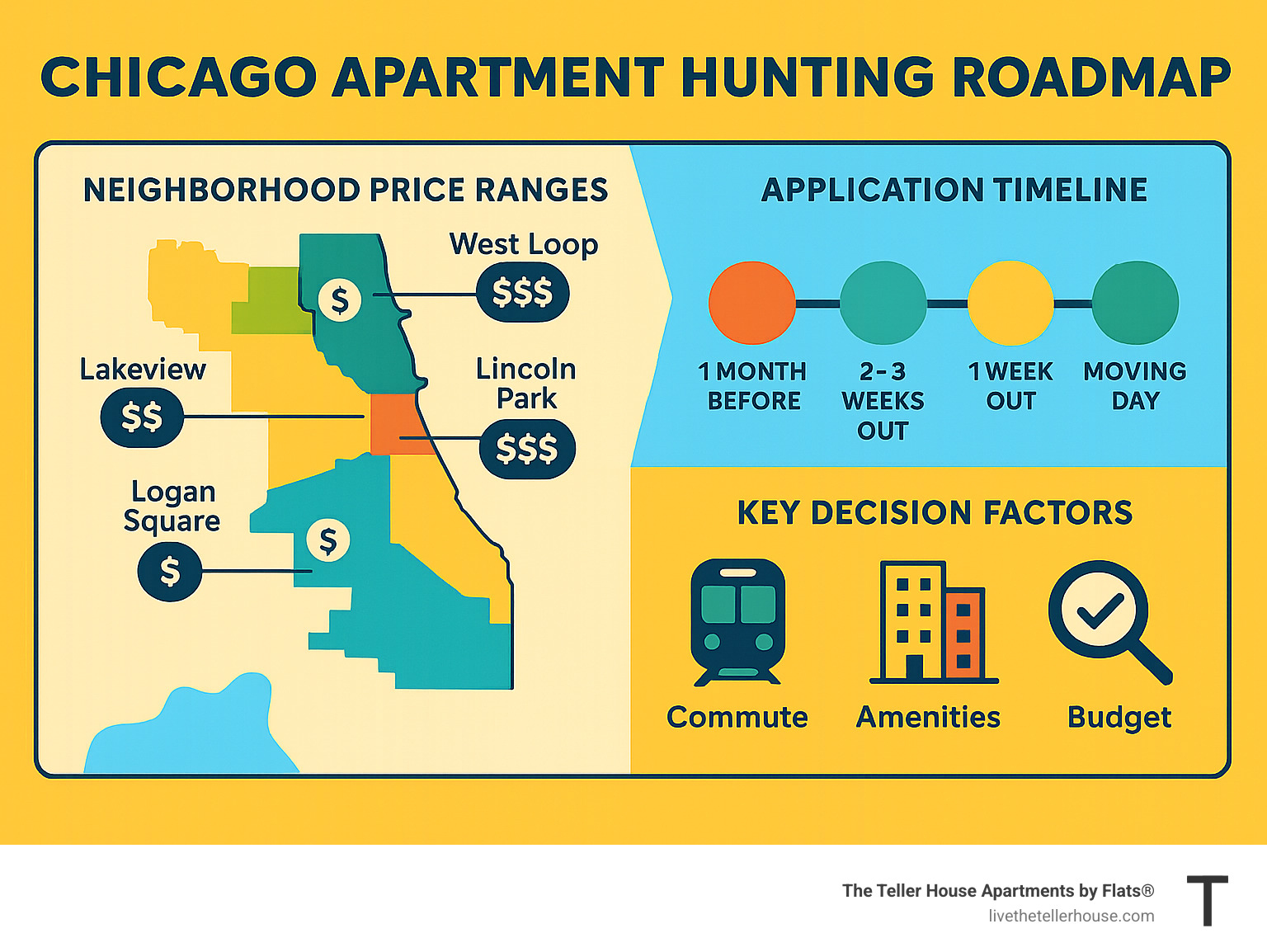 Chicago apartment hunting roadmap showing neighborhood price ranges, application timeline, and key decision factors for renters - apartment for rent chicago infographic Chicago apartment hunting roadmap showing neighborhood price ranges, application timeline, and key decision factors for renters - apartment for rent chicago infographic