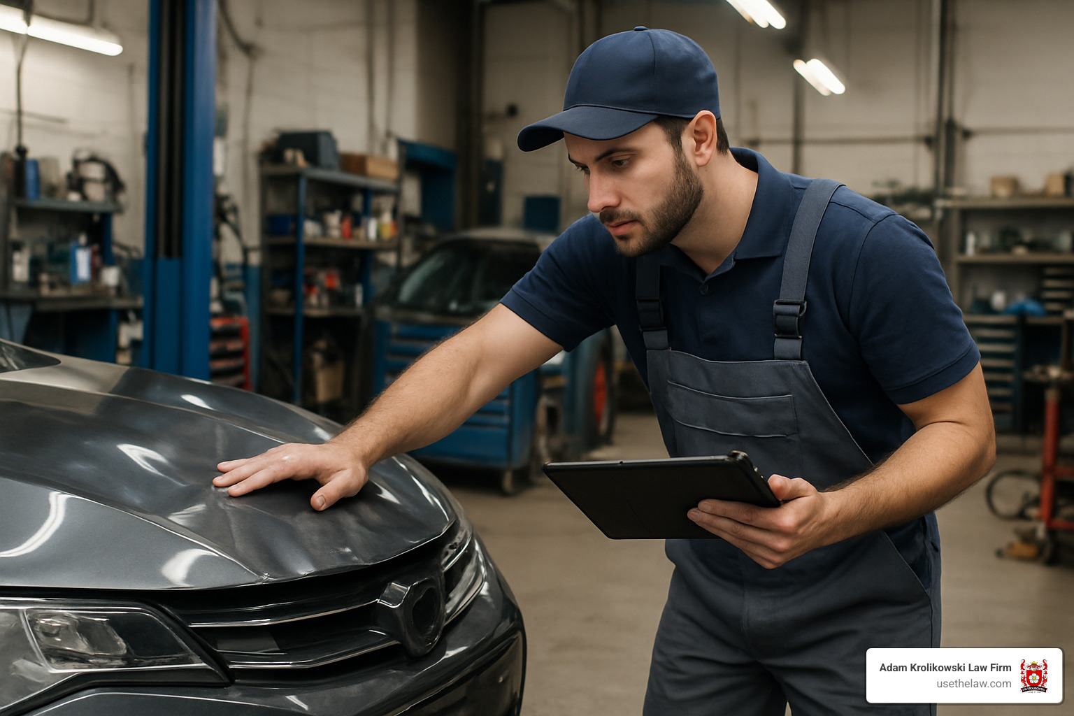 Mechanic examining hood damage from pedestrian collision while preparing repair estimate - car damage from hitting pedestrian
