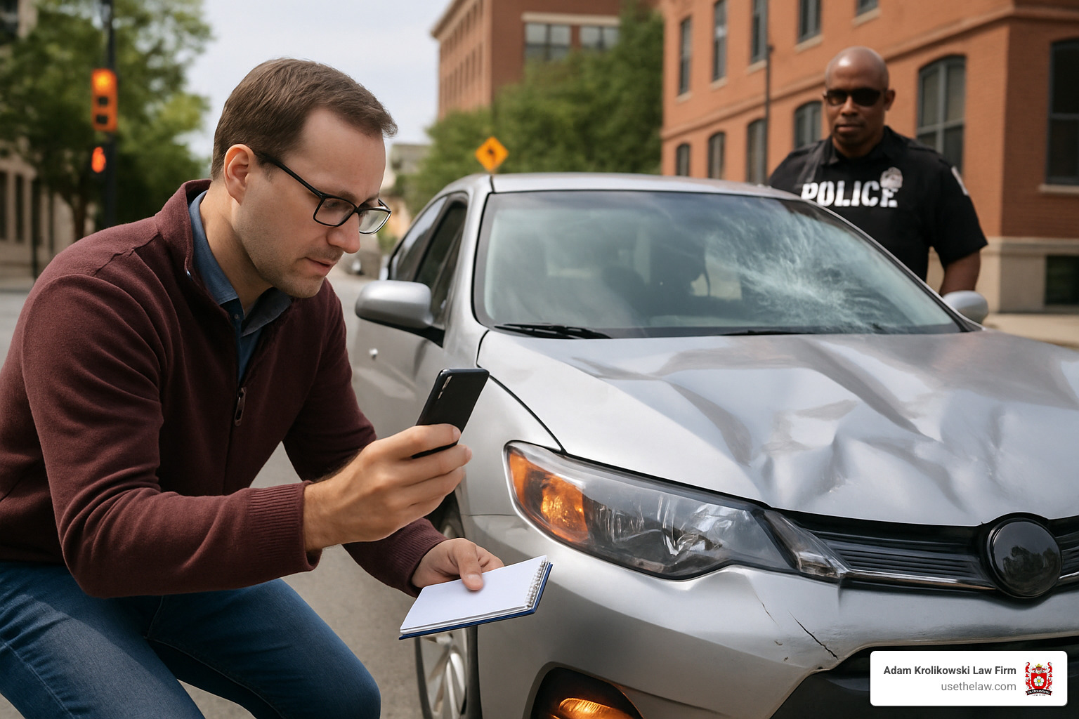 Scene checklist showing critical steps for documenting pedestrian collision damage and protecting legal interests - car damage from hitting pedestrian