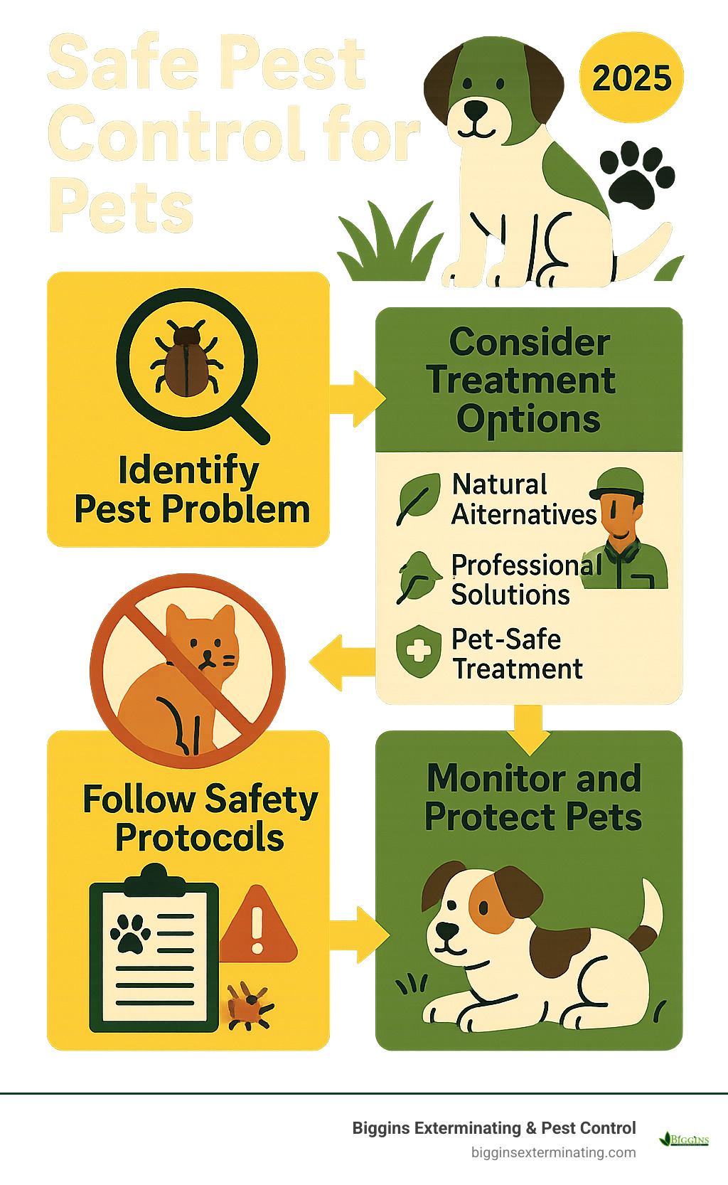 Comprehensive guide showing the journey from pest problem identification to pet-safe treatment options, including natural alternatives, professional solutions, safety protocols, and monitoring steps for protecting pets during pest control treatments - Safe pest control for pets infographic 