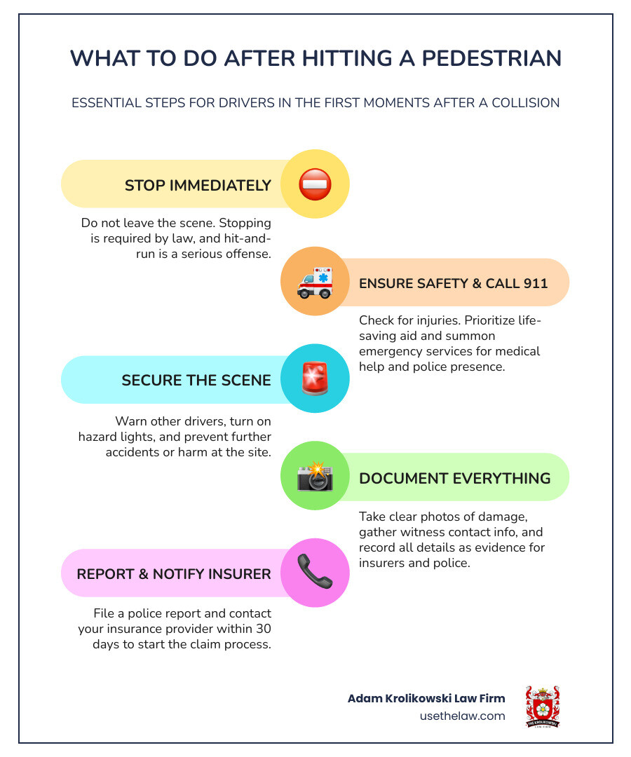 Timeline of required driver actions after pedestrian collision including safety checks, police contact, scene documentation, and insurance notification - car damage from hitting pedestrian infographic infographic-line-5-steps-colors