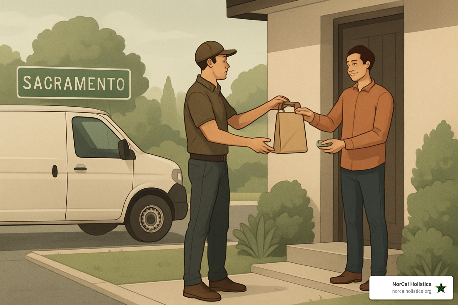 delivery driver receiving tip from satisfied customer at doorstep - marijuana dispensary delivery