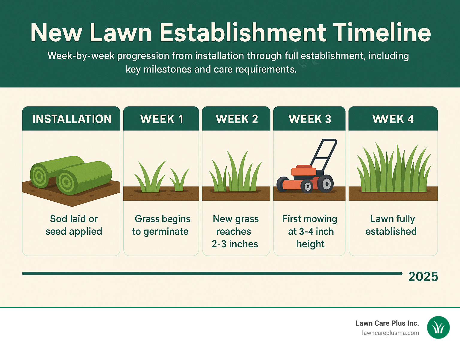 Infographic: New Lawn Establishment Timeline. Shows week-by-week progression from installation through full establishment, including key milestones and care requirements. - best time to install new lawn infographic 