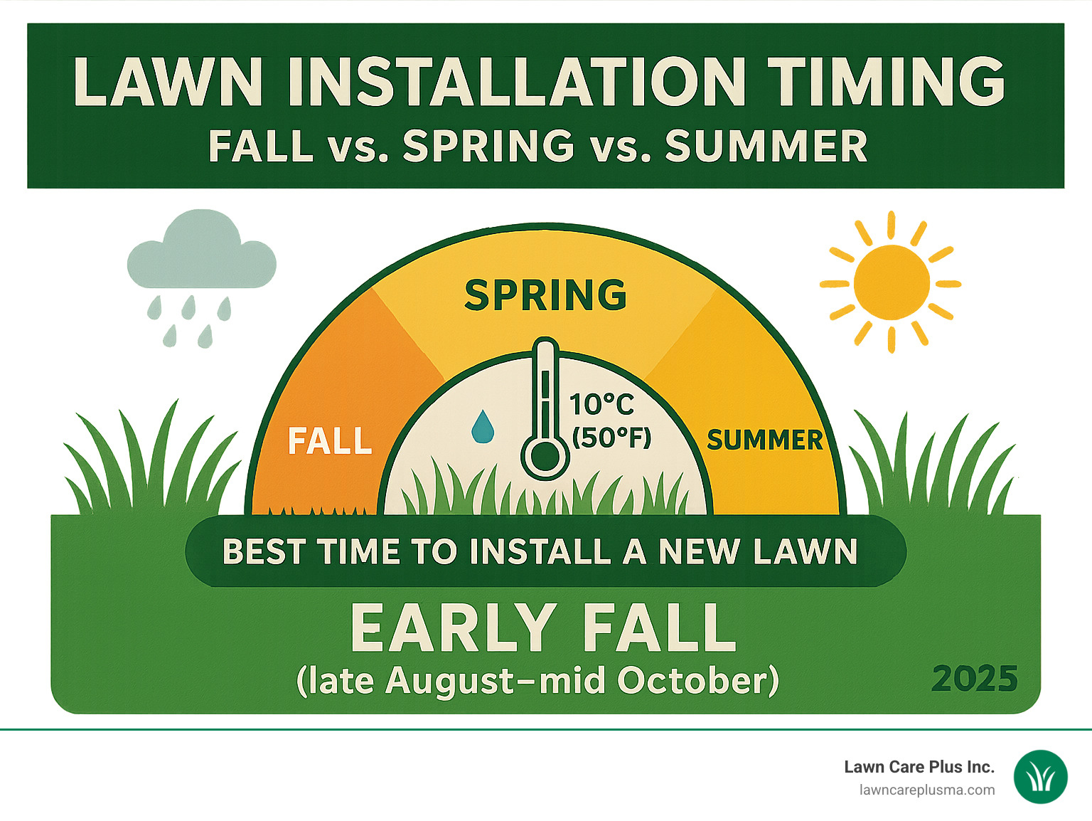 Infographic: Lawn Installation Timing—Fall vs. Spring vs. Summer. Shows annual lawn growth cycle, highlighting early fall as optimal for new lawns, with key temperature and rainfall markers. - best time to install new lawn infographic 