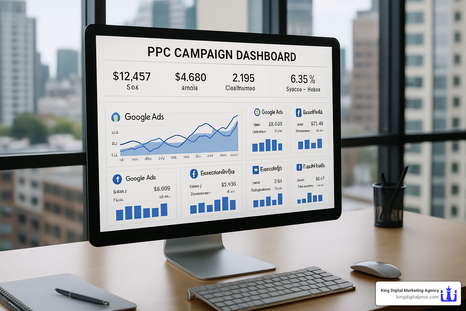 Multi-platform PPC campaign dashboard showing performance across Google, Bing, Facebook, and LinkedIn - PPC Management Albuquerque
