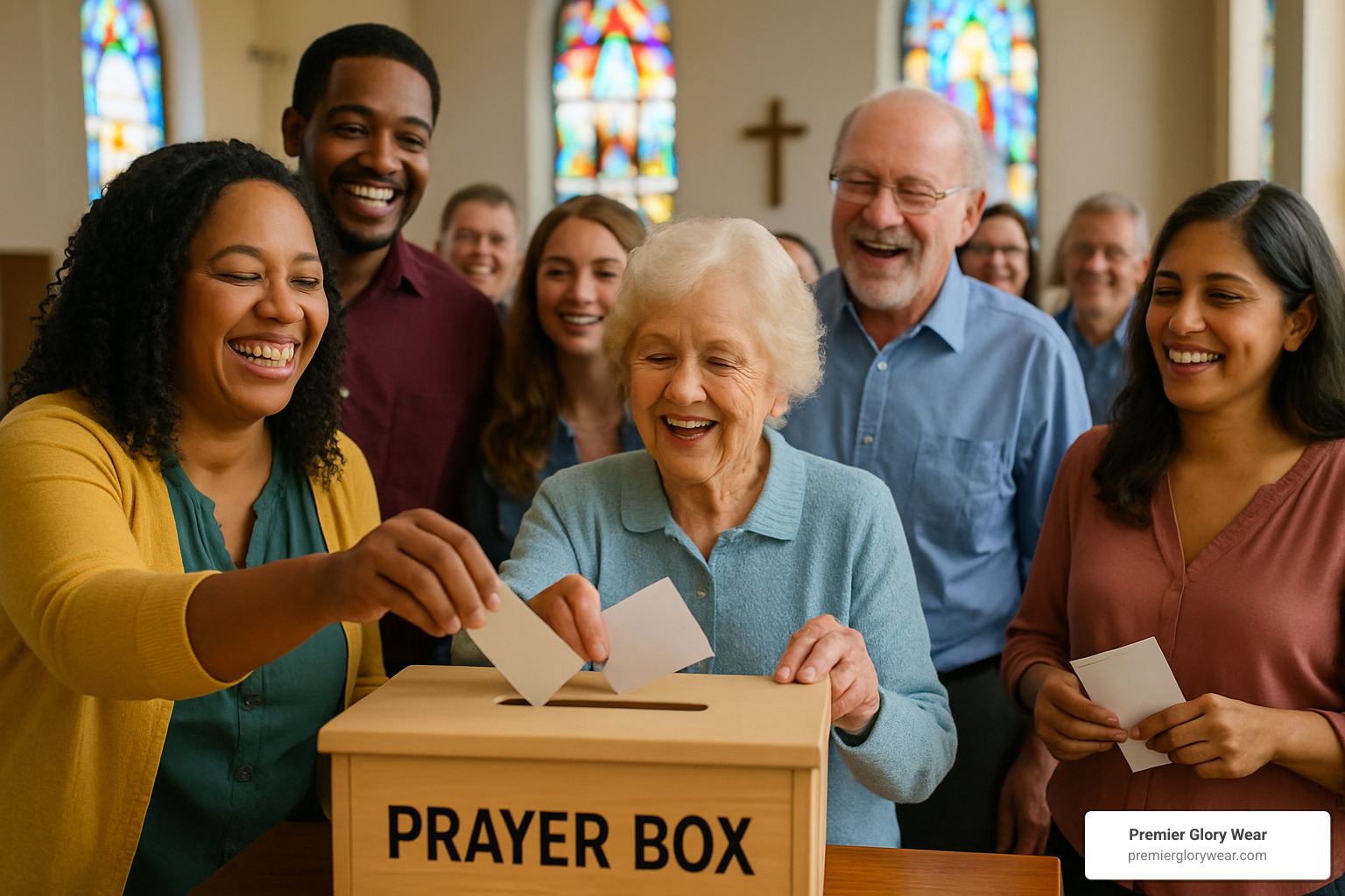 joyful congregation around new prayer box - prayer boxes for churches