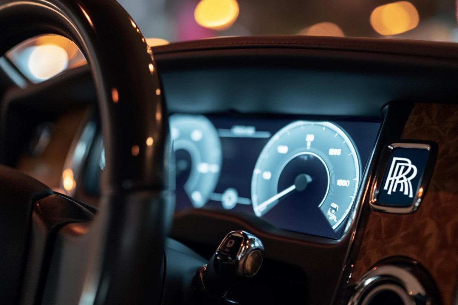 Rolls-Royce illuminated dashboard and wood trim, close-up - rolls royce ghost rental nyc