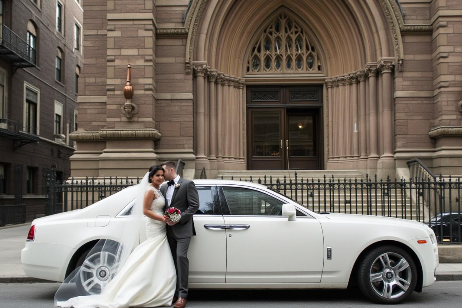 Wedding couple posing beside a white Rolls-Royce Ghost outside a Manhattan church - rolls royce ghost rental nyc