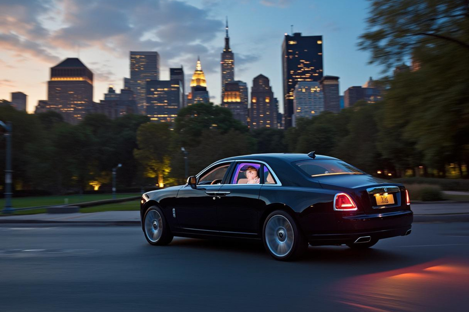 Rolls-Royce Ghost cruising past Central Park with starlight headliner glowing - rolls royce ghost rental nyc