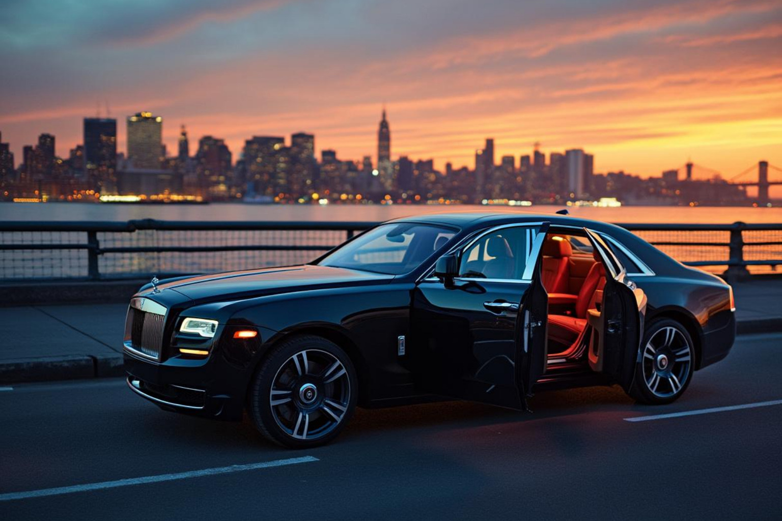 Rolls-Royce Ghost at sunset on the West Side Highway, city skyline glows beyond, starlight headliner visible through open door - rolls royce ghost rental nyc