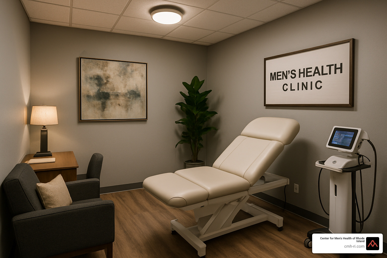 Modern, discreet clinic treatment room with comfortable seating and medical equipment - erectile dysfunction treatments near me