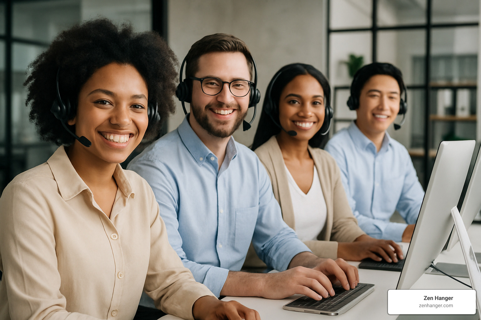 customer support team smiling, ready to help - male improvement customer service
