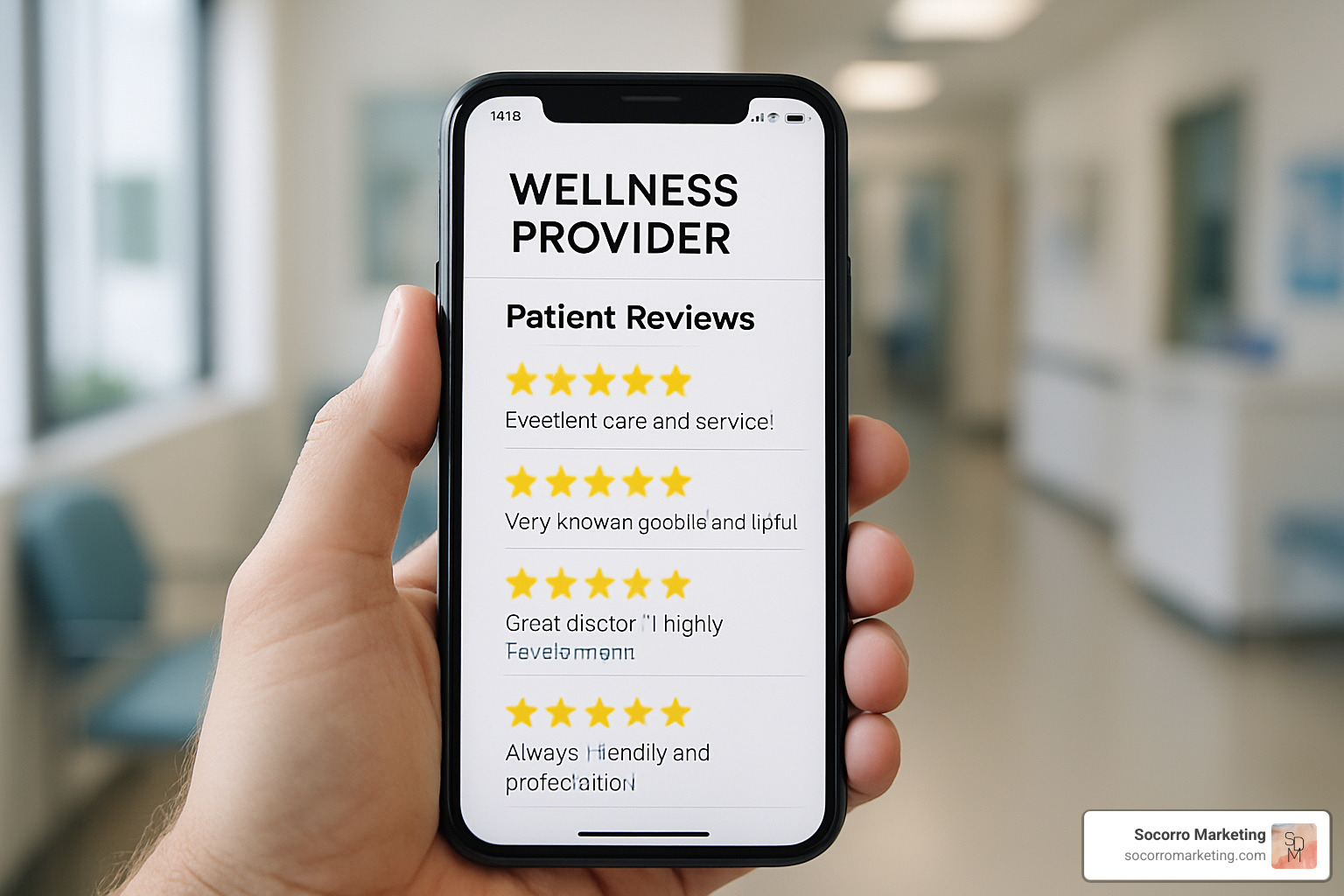 Image: Patient reviews/star ratings on a mobile phone for a wellness provider - digital marketing for health and wellness