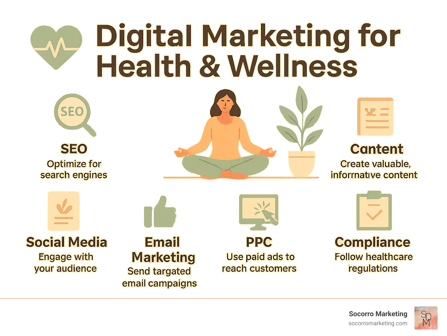 Infographic: Summary of key digital marketing strategies for health and wellness businesses, including SEO, content, social, email, PPC, and compliance tips - digital marketing for health and wellness infographic 