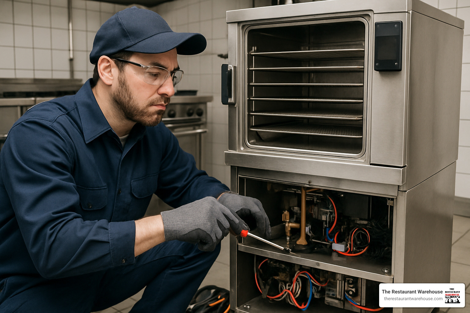 technician servicing steamer - commercial food steamer