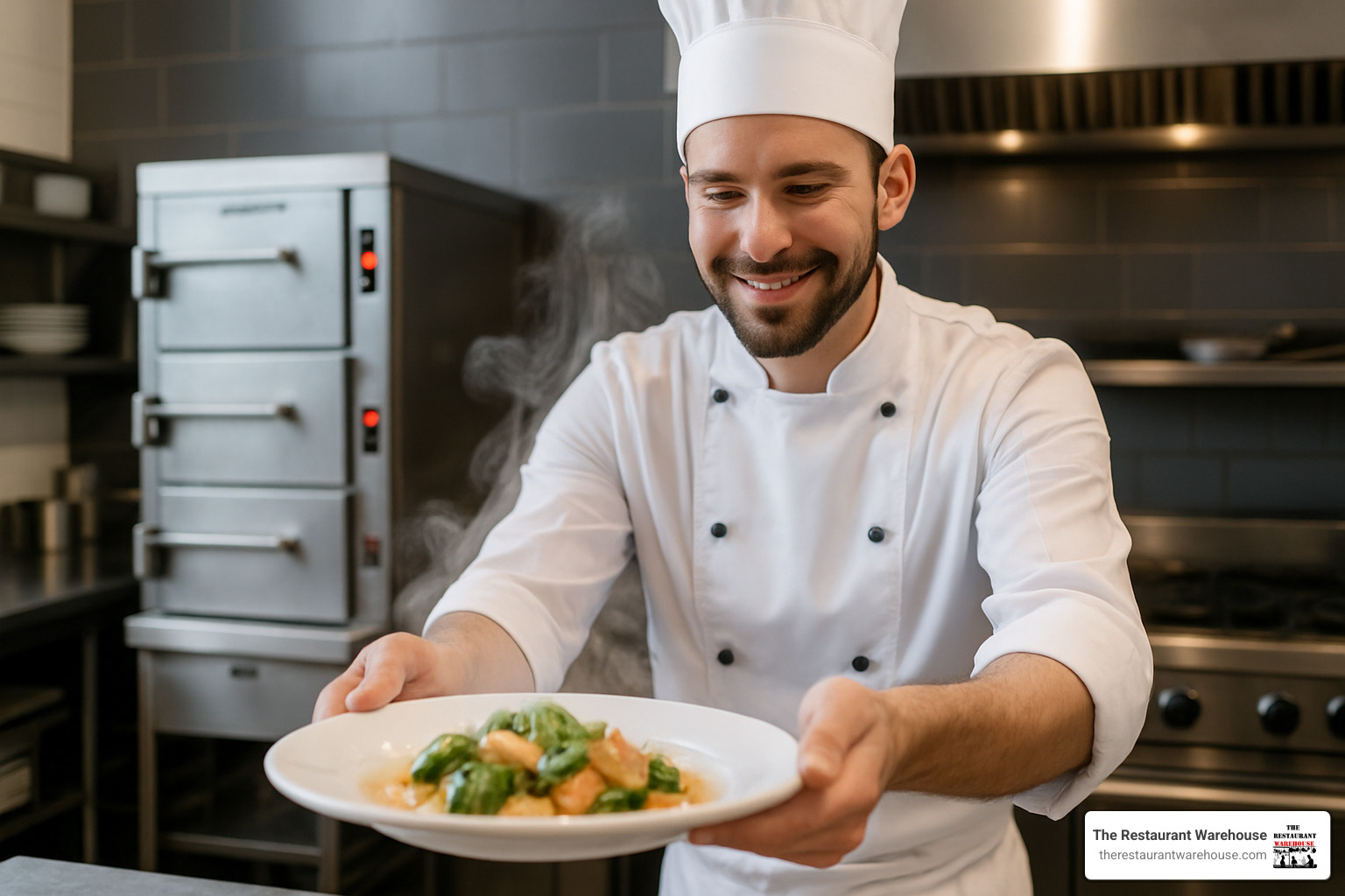 chef serving fresh steamed dish - commercial food steamer