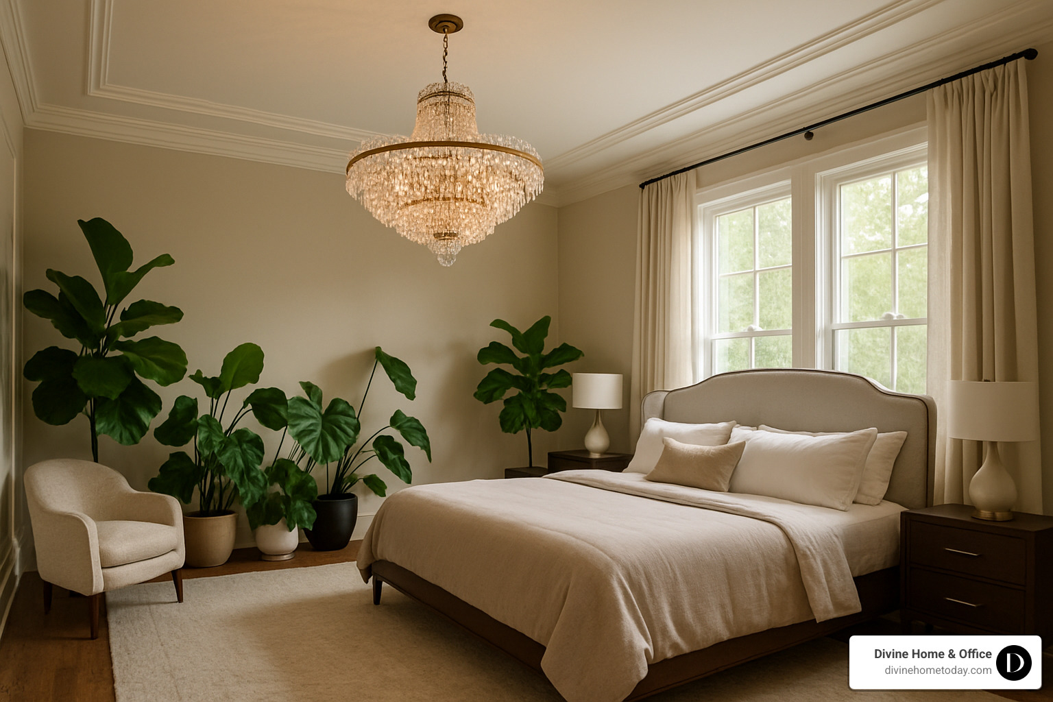 Crystal chandelier and plant-filled corner in luxury bedroom - luxury master bedroom interior design