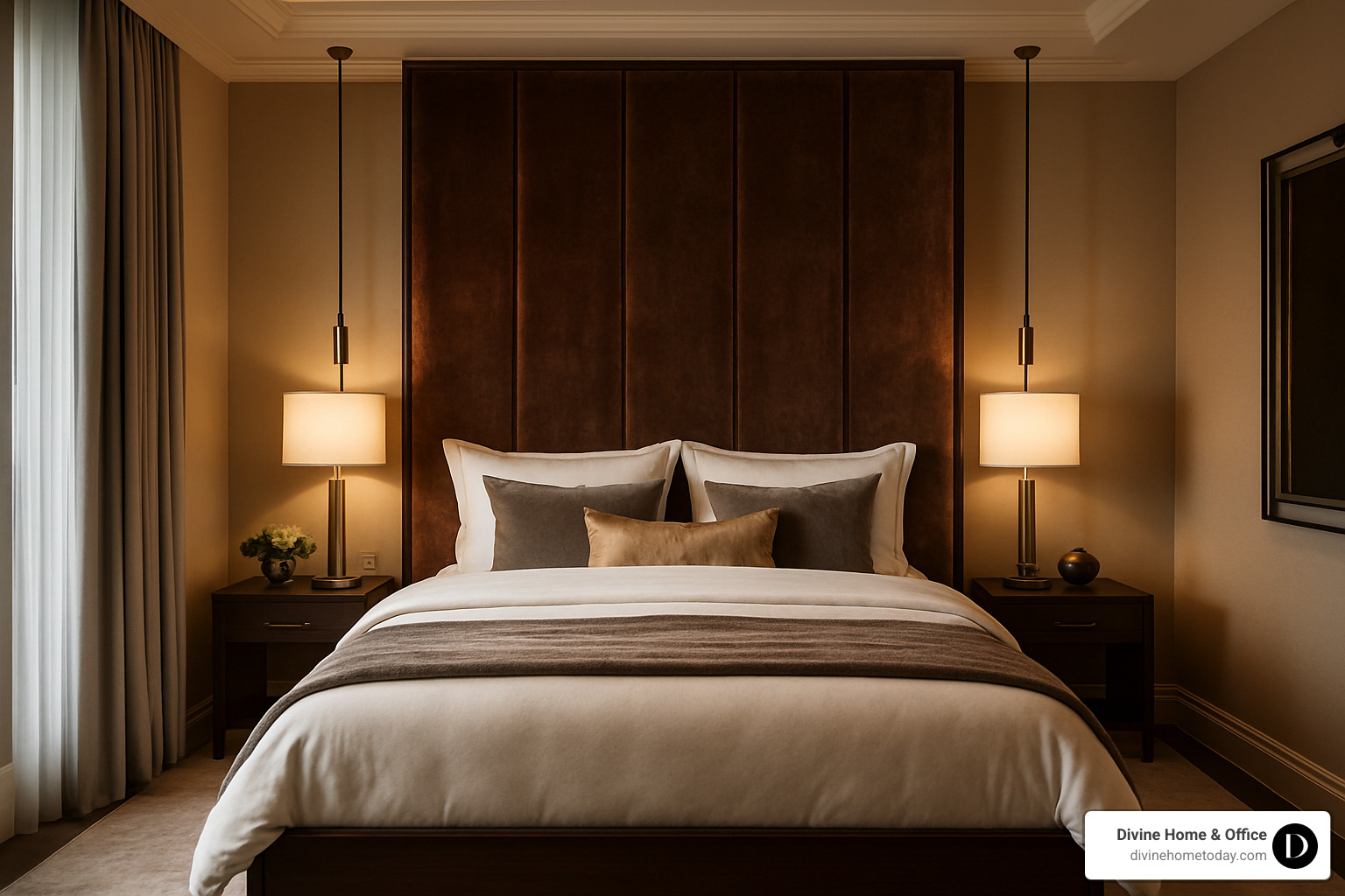 Floor-to-ceiling upholstered headboard in luxury bedroom - luxury master bedroom interior design