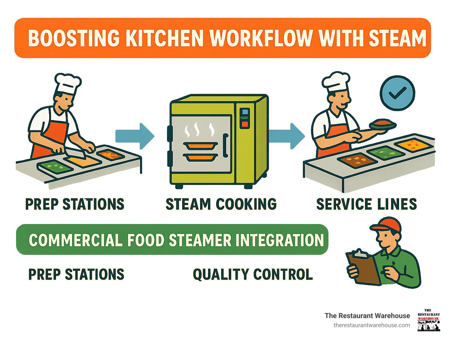 Kitchen workflow optimization showing steam cooking integration with prep stations, service lines, and quality control points - commercial food steamer infographic 
