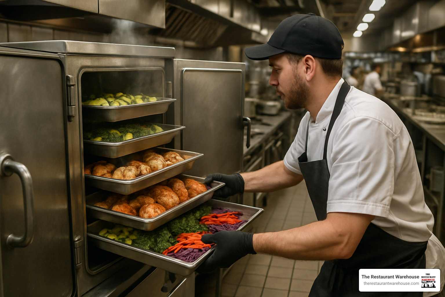 line cook loading pans - commercial food steamer