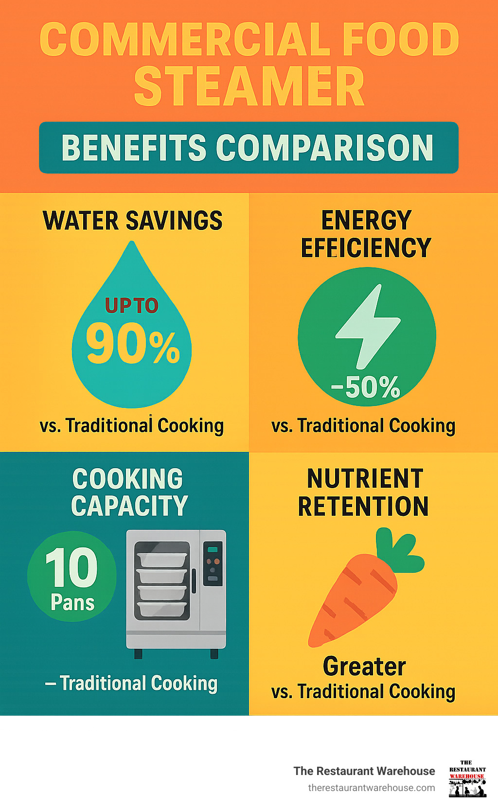 Commercial food steamer benefits comparison showing water savings, energy efficiency, cooking capacity, and nutrient retention versus traditional cooking methods - commercial food steamer infographic 