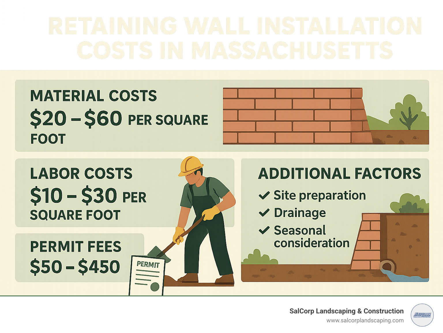 Comprehensive breakdown of retaining wall installation costs in Massachusetts including material costs per square foot, labor rates, permit fees, and additional factors like site preparation, drainage, and seasonal considerations - Retaining wall installation cost infographic 