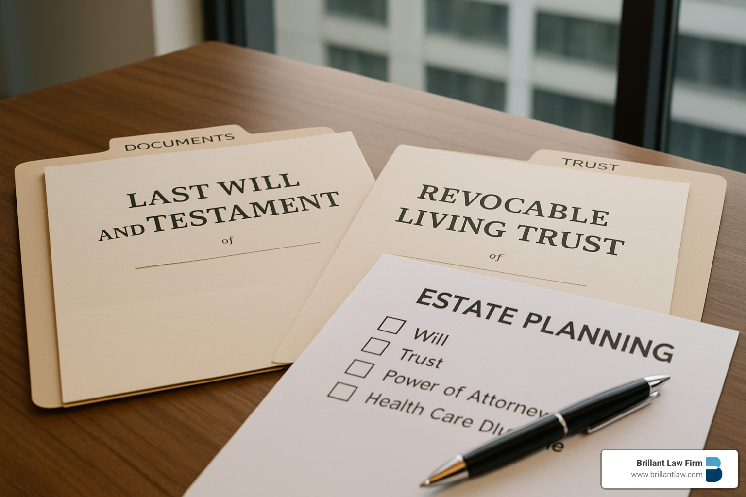 Organized estate planning documents laid out on desk with checklist - legal advice on inheritance