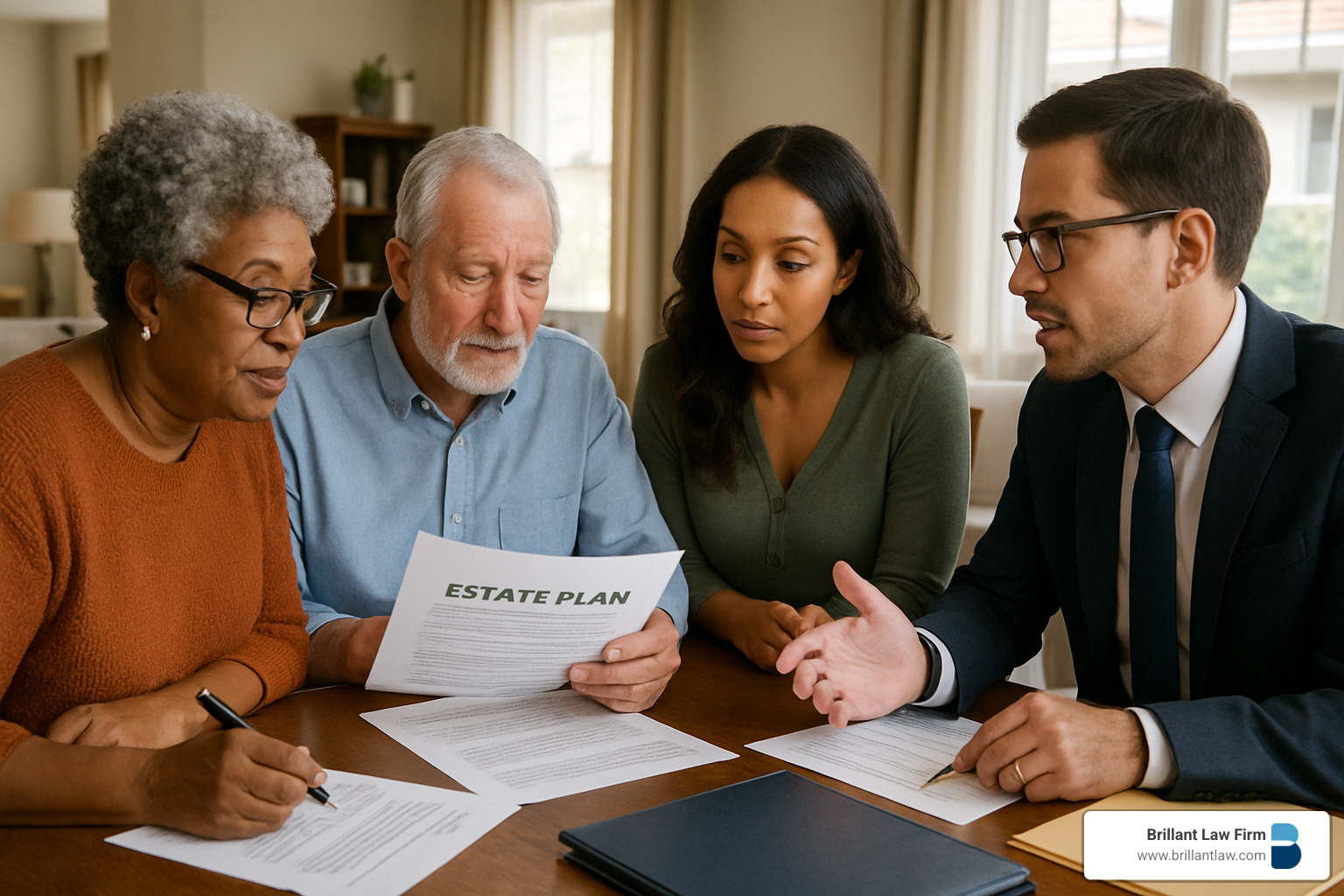 Estate planning documents and family meeting discussing inheritance plans - legal advice on inheritance