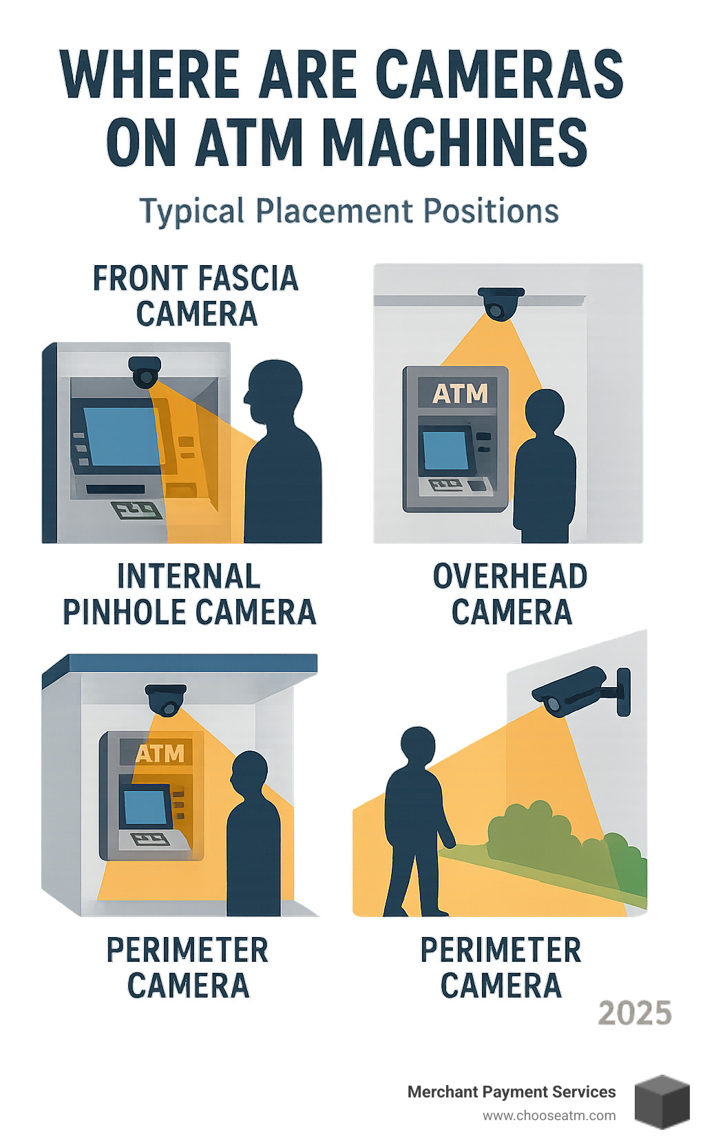 Comprehensive infographic showing ATM camera placement positions including front fascia cameras above screens, internal pinhole cameras near card slots, overhead ceiling-mounted cameras in vestibules, and perimeter wall-mounted cameras covering surrounding areas, with field of view angles and typical coverage zones illustrated - where are cameras on atm machines infographic 