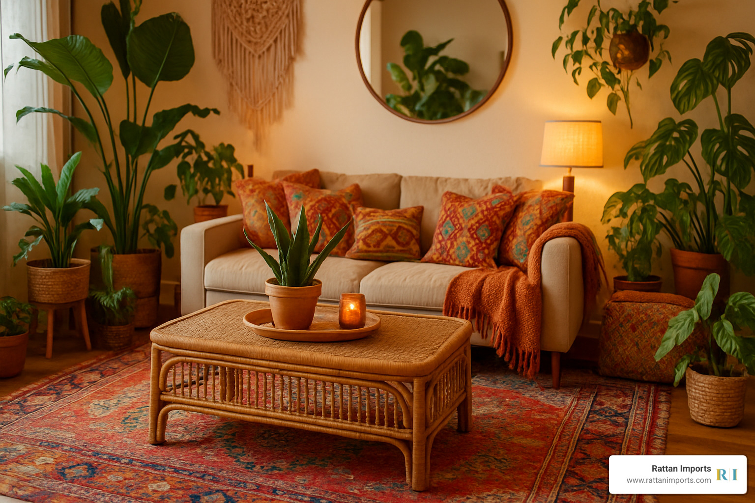 Bohemian living room featuring rectangular rattan coffee table with layered textiles, plants, and warm lighting - rattan coffee table rectangle