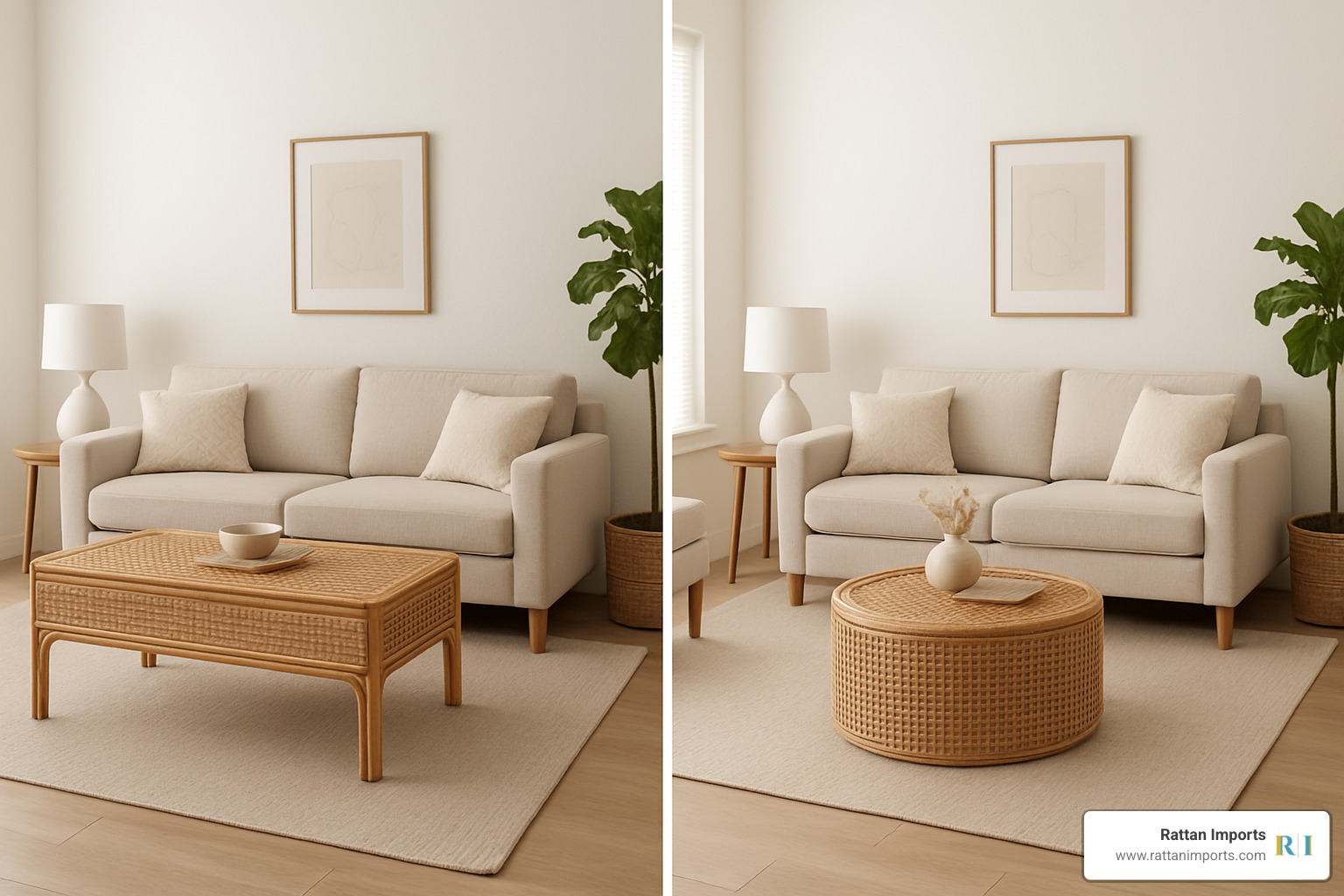 Comparison of rectangular vs round coffee table layouts in the same living room space - rattan coffee table rectangle