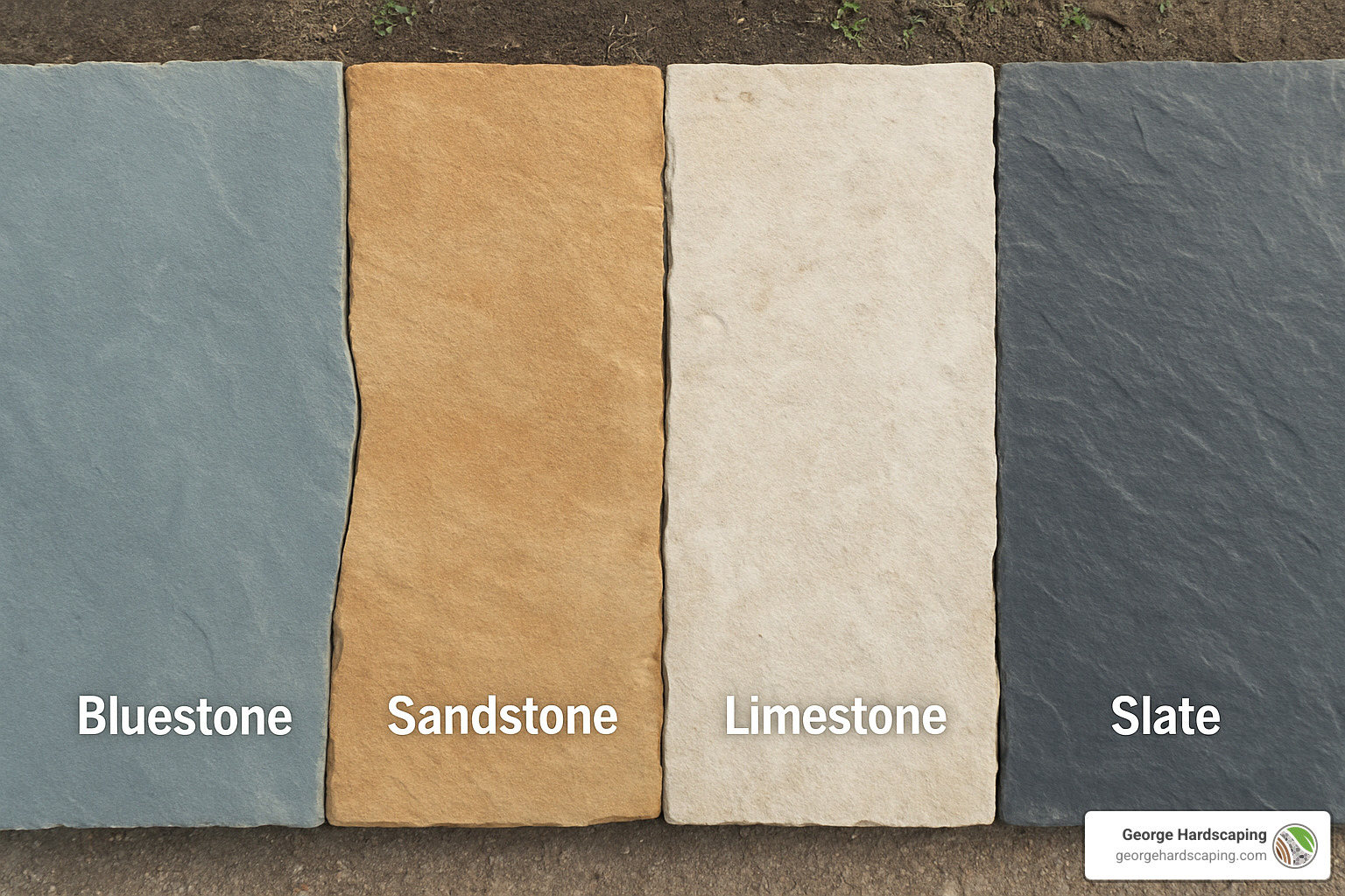Various flagstone types including bluestone, sandstone, limestone, and slate arranged to show color and texture differences - flagstone walkway installation service