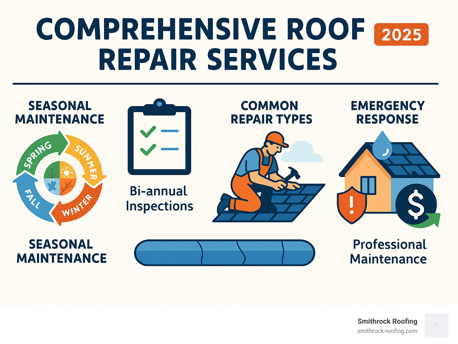 Comprehensive roof repair services timeline showing seasonal maintenance, inspection schedules, common repair types, emergency response procedures, and cost-saving benefits of professional maintenance - roof repair services infographic