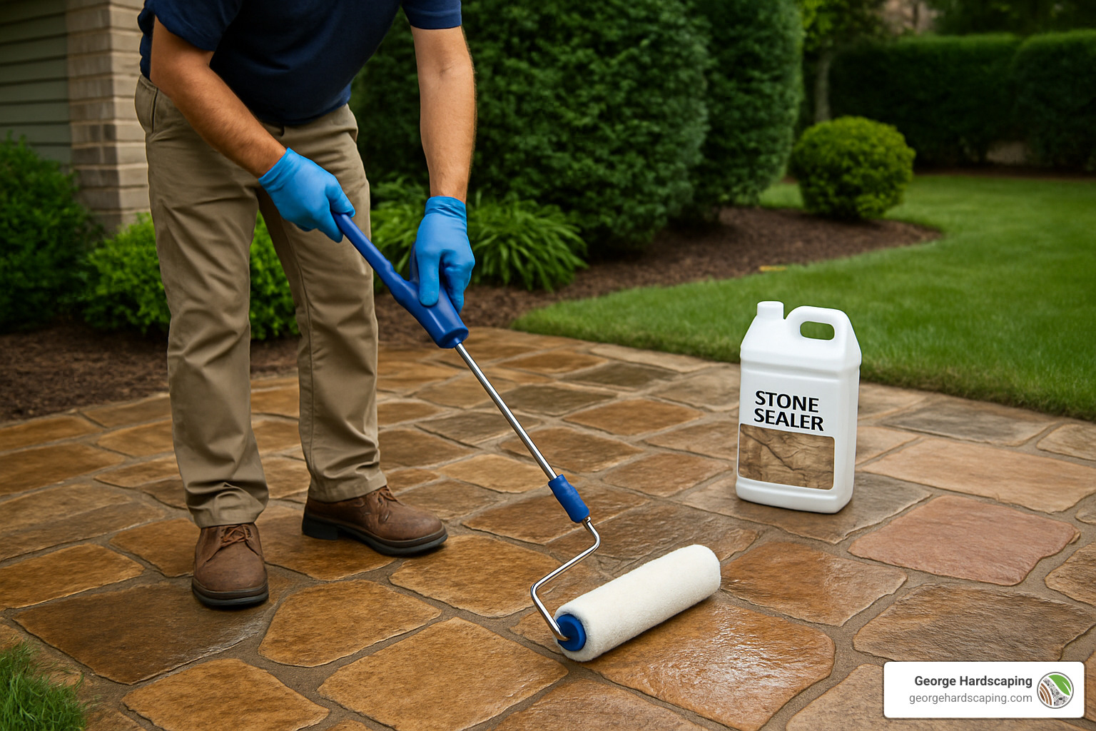 Professional applying stone sealant with roller to flagstone walkway, showing proper technique and equipment - flagstone walkway installation service