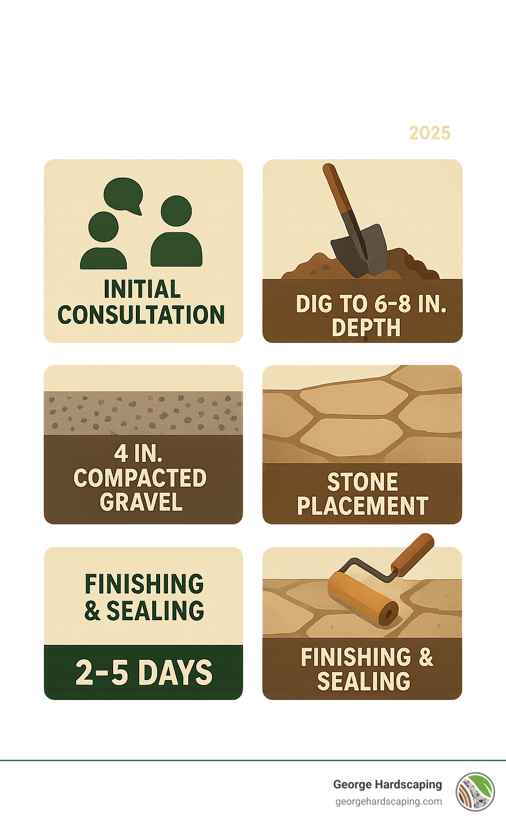 Detailed infographic showing flagstone walkway installation timeline from initial consultation through final sealing, including excavation depth requirements, base layer specifications, stone placement techniques, and typical project duration of 2-5 days for professional installation - flagstone walkway installation service infographic 