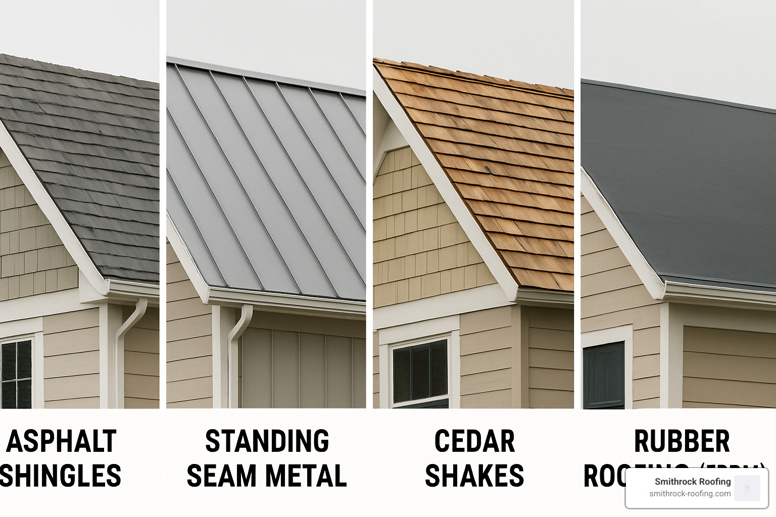 Different roofing materials comparison showing asphalt shingles, metal panels, cedar shakes, and rubber roofing - roof repair services