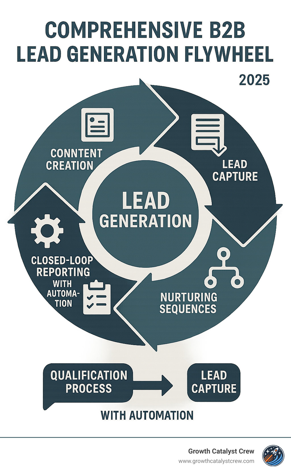Comprehensive B2B lead generation flywheel showing content creation, lead capture, nurturing sequences, qualification process, and closed-loop reporting with automation touchpoints - lead generation tactics b2b infographic