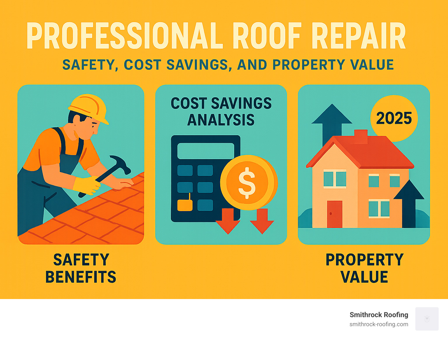 Professional roof repair safety benefits, cost savings analysis, and property value protection statistics - roof repair services infographic
