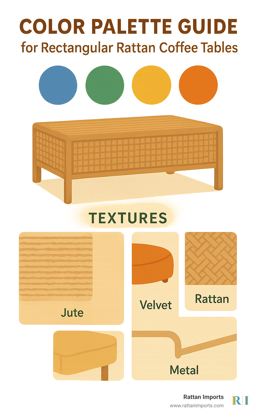 Color palette guide showing complementary colors and textures that work best with rectangular rattan coffee tables - rattan coffee table rectangle infographic 
