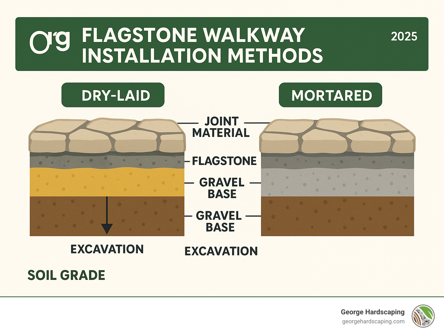Cross-section infographic showing the layer structure of both dry-laid and mortared flagstone installations, including soil grade, excavation depth, gravel base, bedding sand, flagstone placement, and joint materials - flagstone walkway installation service infographic 