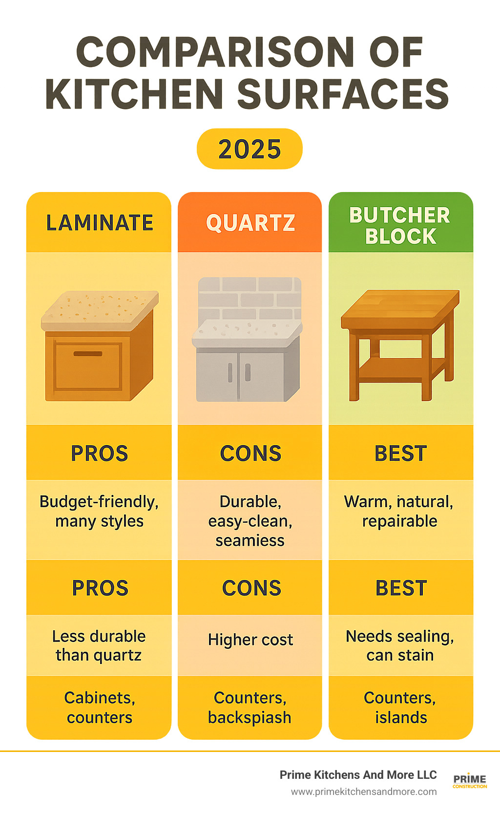 Comparison table of laminate, quartz, and butcher block kitchen surfaces - kitchen design simple infographic 