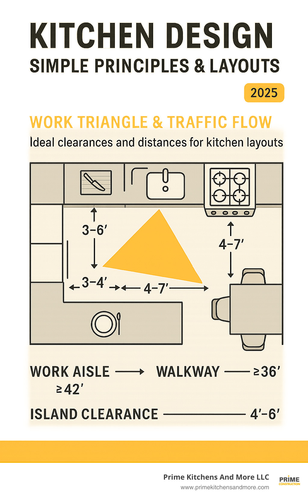 Infographic showing ideal kitchen layout clearances and work triangle distances. - kitchen design simple infographic 